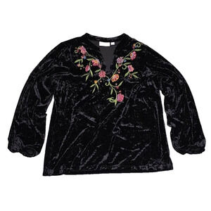 Belle Boho by Kim Gravel Crushed Velvet Embroidered Top Black Large A004929